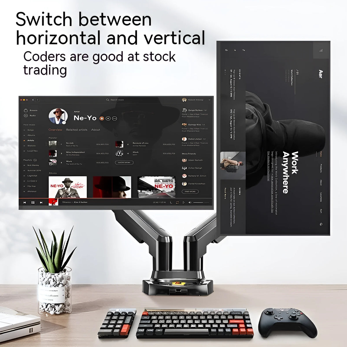 Dual screen lifting monitor bracket with aluminium and ABS construction for VESA 75-100mm mounts