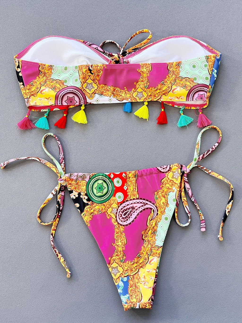 Women's separated tube top bikini set with briefs bottoms in printing pattern design