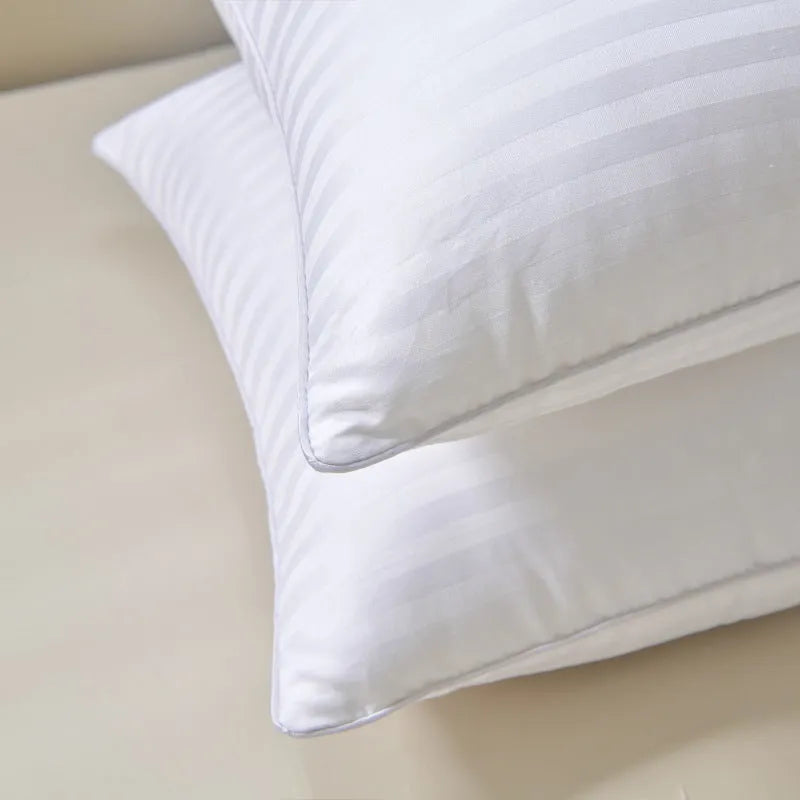White cotton satin stripe pillow core with 2cm stripe pattern and feather filling available in multiple sizes