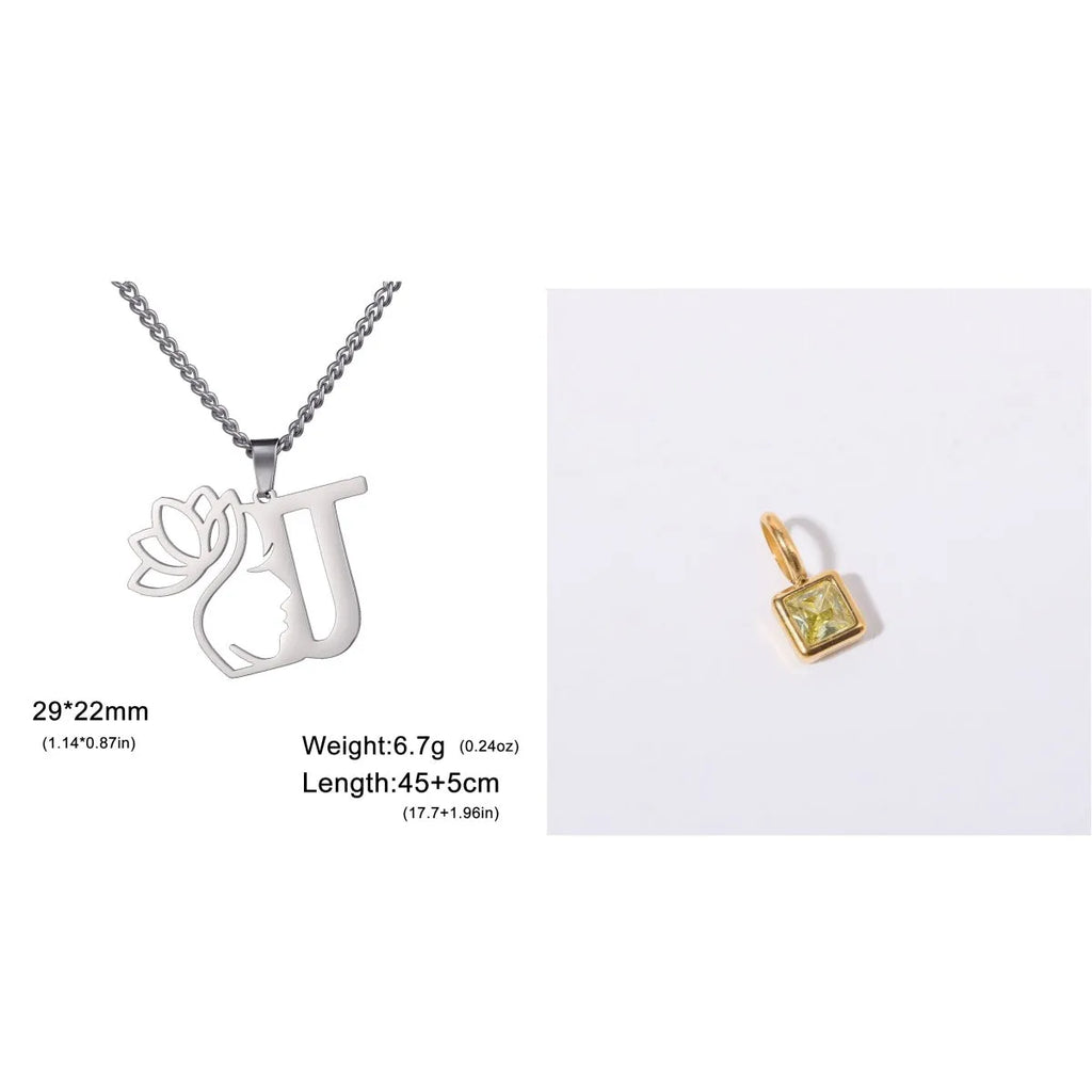 Stainless steel fashion necklace with cross chain design and letter pendant in gold or silver finish