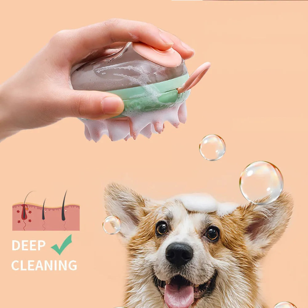 2 in 1 pet bathing brush with shampoo dispenser, food-grade silicone head, blue or green, 85g