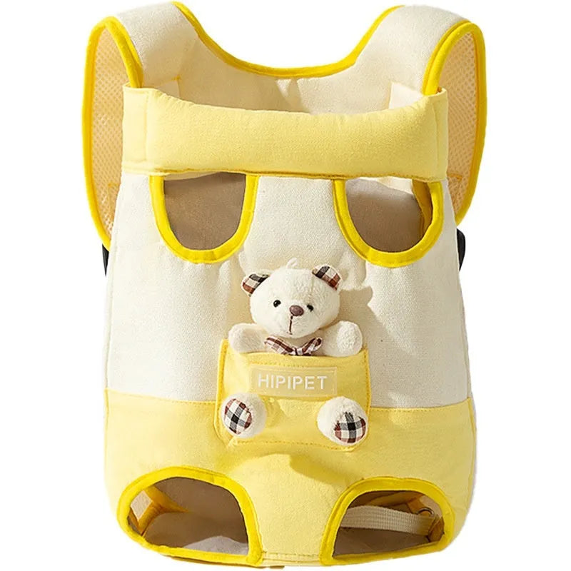 Canvas cat carrier bag with cartoon animal design in yellow bear pattern showing soft construction