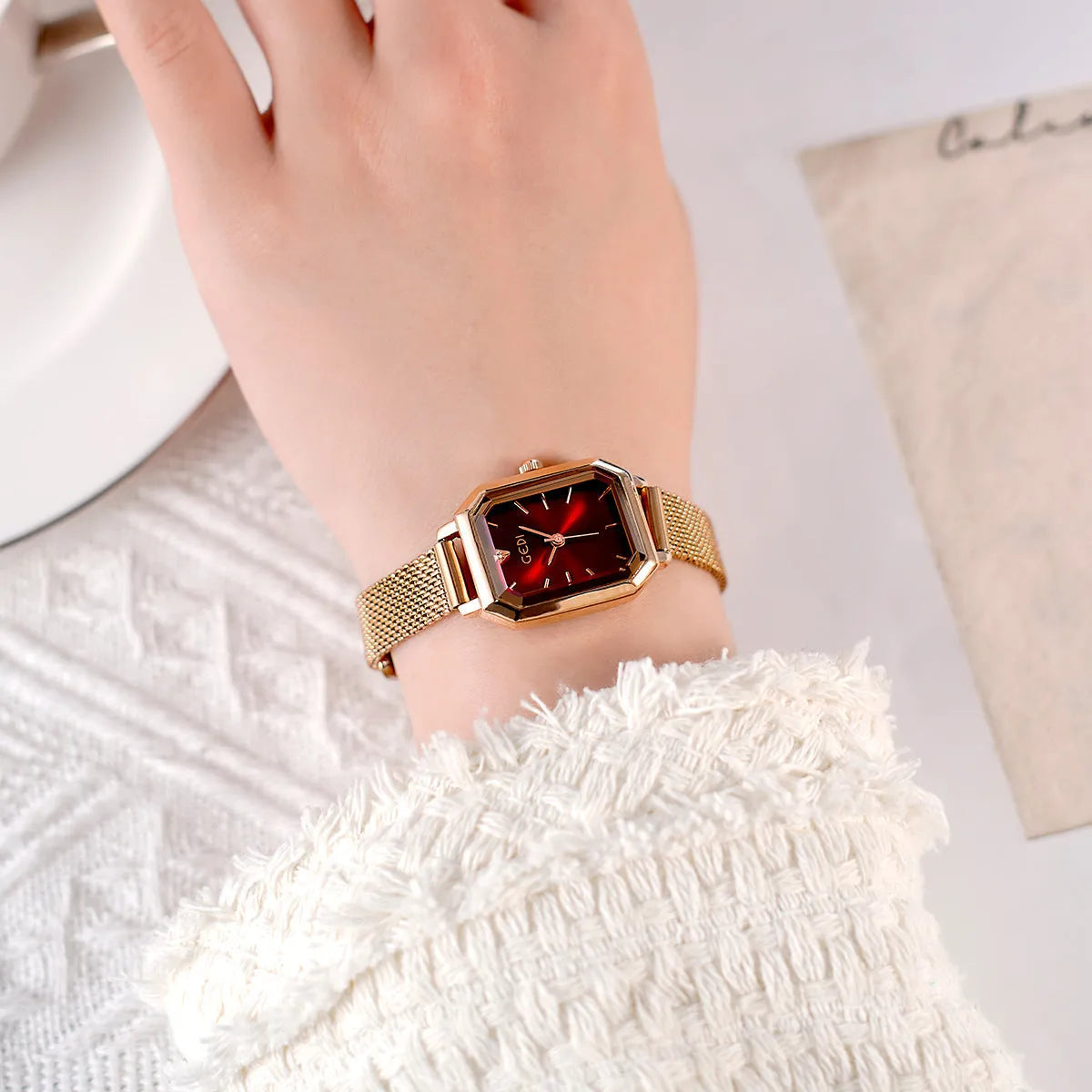 Women's rose gold square retro casual watch with slim 8mm case and multiple colour dial and strap options.