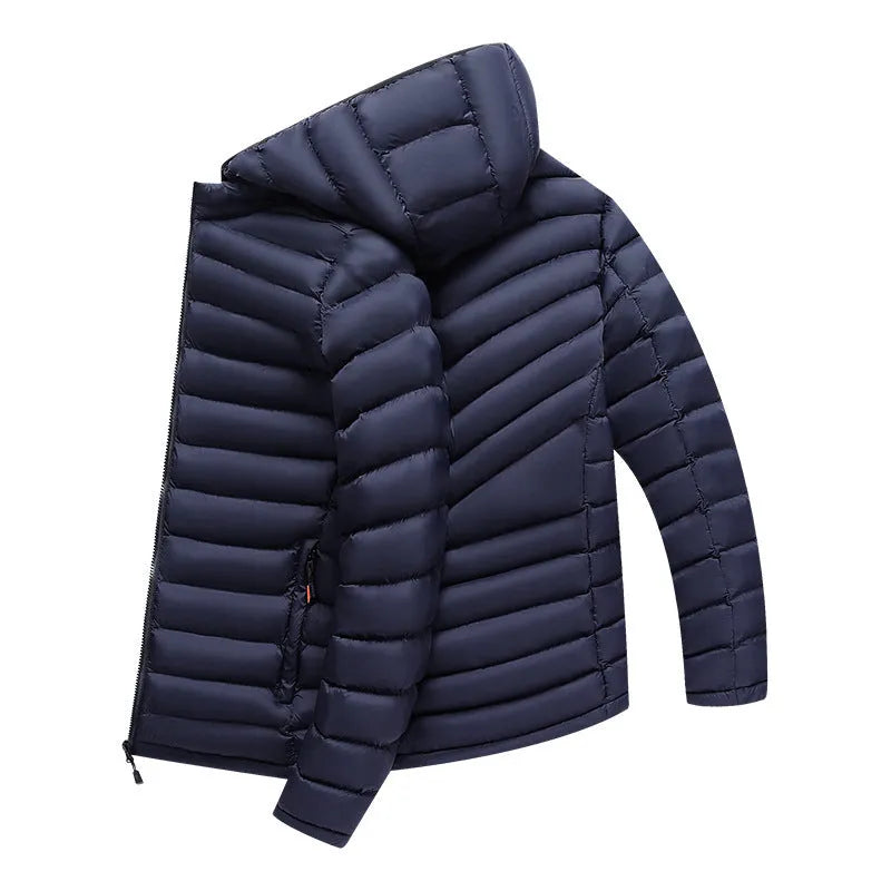Men's lightweight down jacket with hood and detachable collar in black colour with zippered pockets