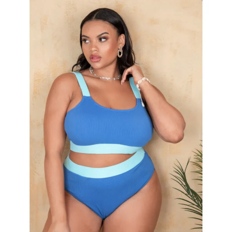 Women's pure colour high-waist bikini set with stitching detail and split styling