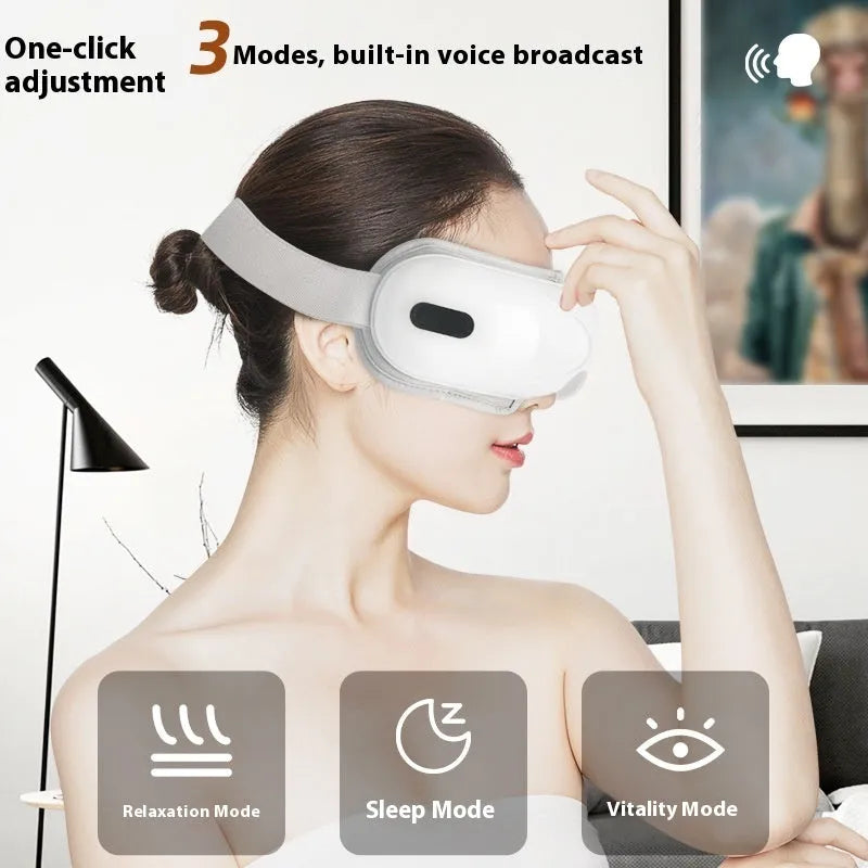White rechargeable eye massager with ABS plastic shell for hot compress and airbag massage functions.