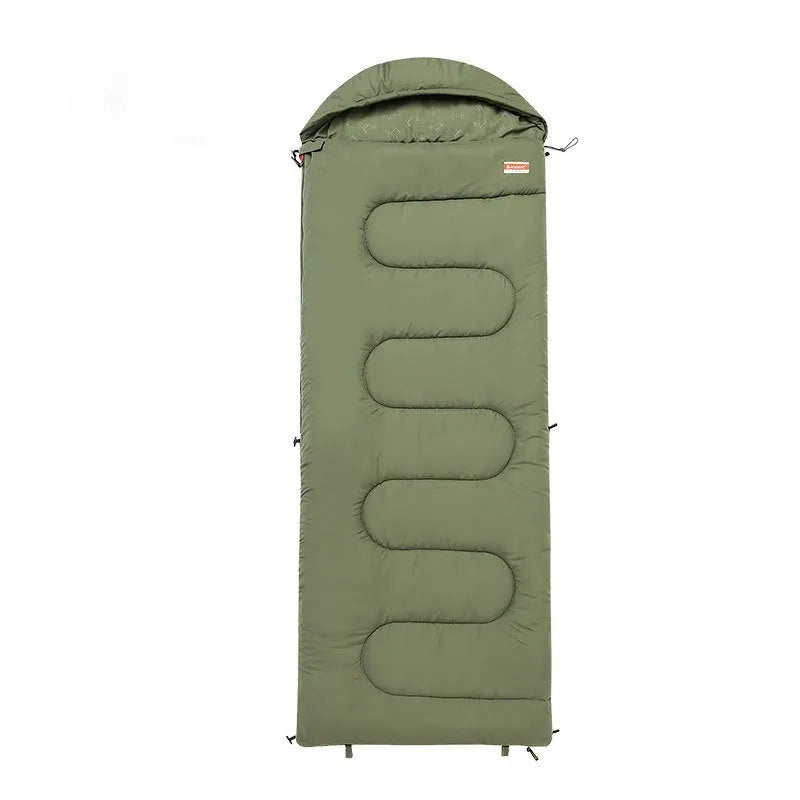 Ochre and olive green cotton sleeping bag quilt for outdoor camping, folded to show portable design.