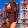 Women's three-piece swimsuit set showing high-waist briefs, cutout blouse, and matching coat