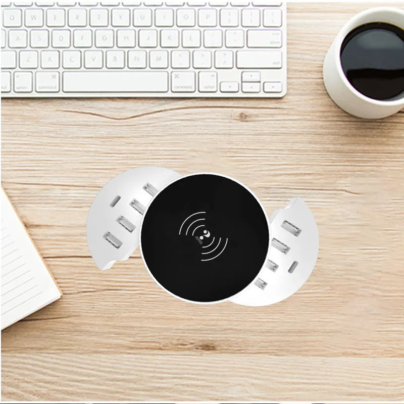 Ceramic white circular wireless charger with UK plug adapter and multiple USB ports