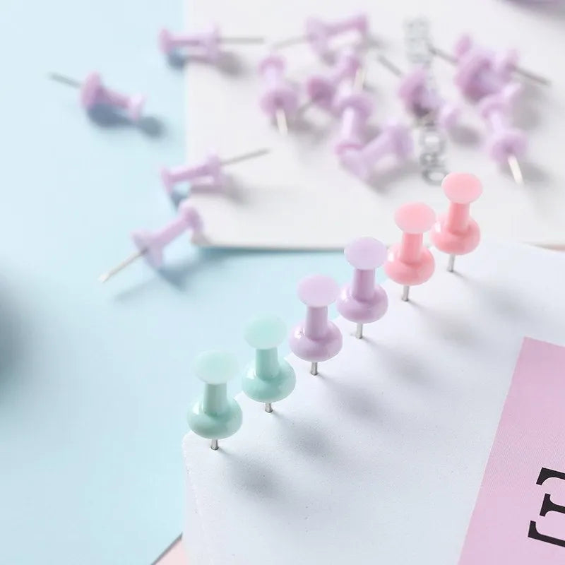 Box of macaron colour plastic push pins showing large and small sizes in cherry blossom pink, mint green, and lavender.