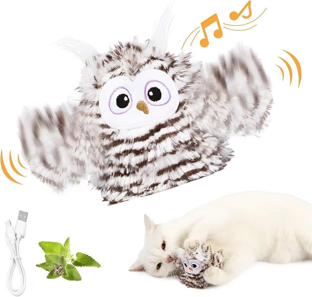 Grey interactive owl cat toy with flapping wings on flat surface