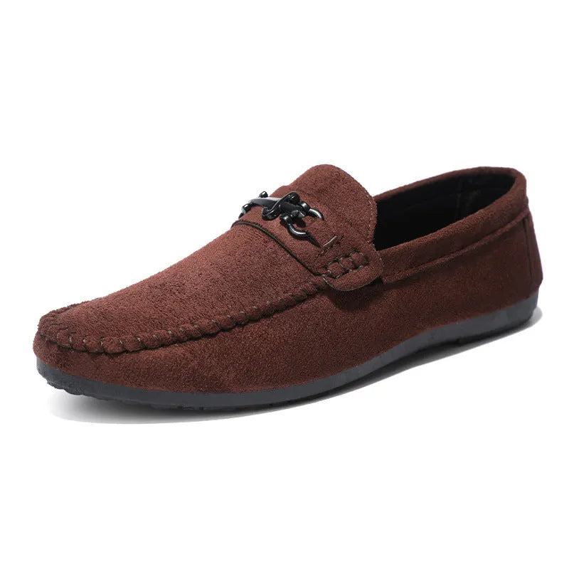 Men's waterproof black and brown slip-on loafers with round toe and low stiletto heel on a rubber sole.