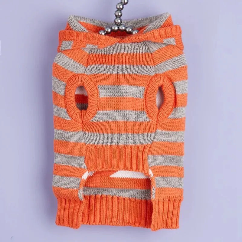 Orange striped knitted pet sweater with hood and fur ball trim for small dogs and cats
