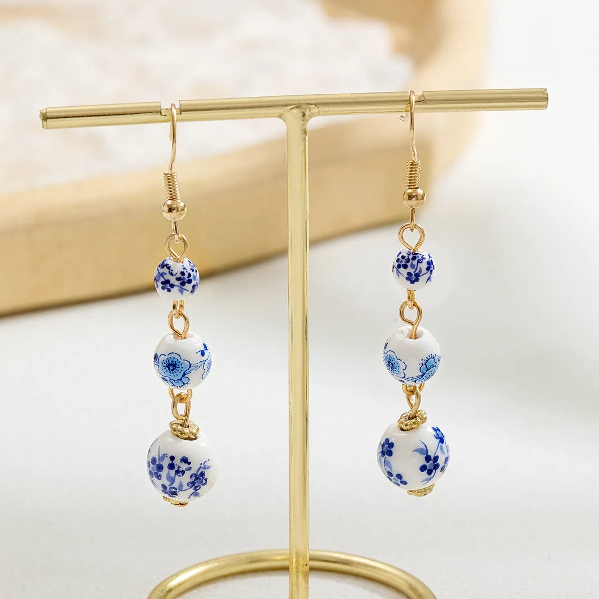 Blue and white porcelain ceramic bead long retro earrings with alloy electroplated findings