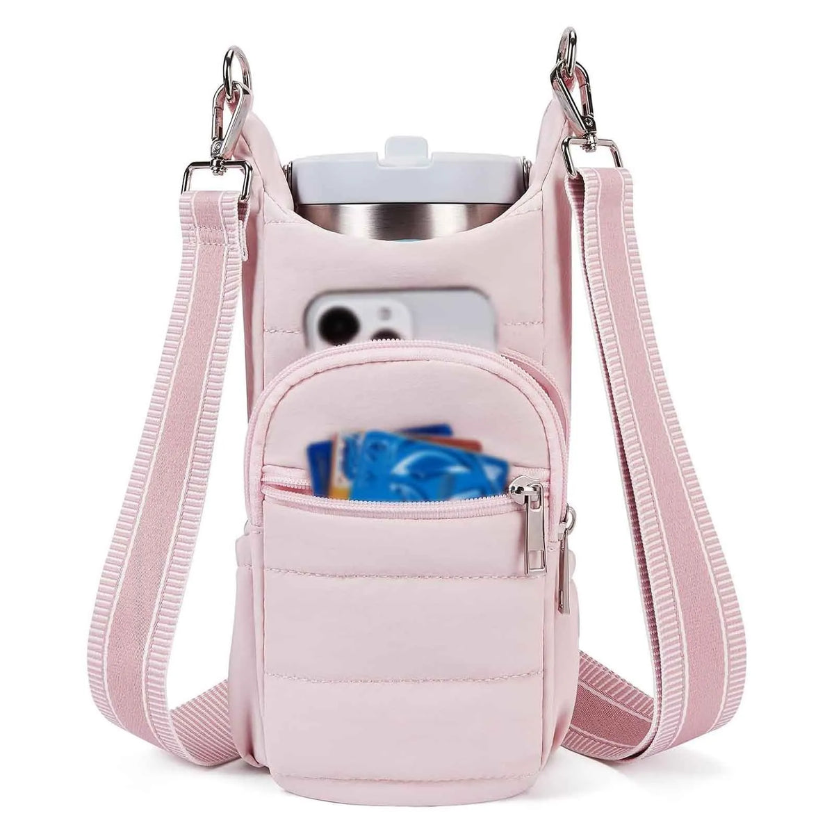 Cloth water bottle bag for bicycles shown in beige, black and pink colour options