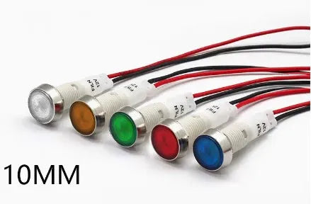 10mm stainless steel edge plastic indicator light with wire in blue, green, red, white, or yellow.