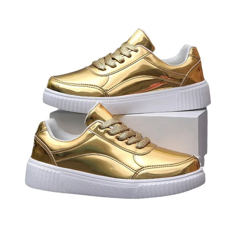 Rose gold and gold sequinned platform sneakers with round toe and thick MD sole.