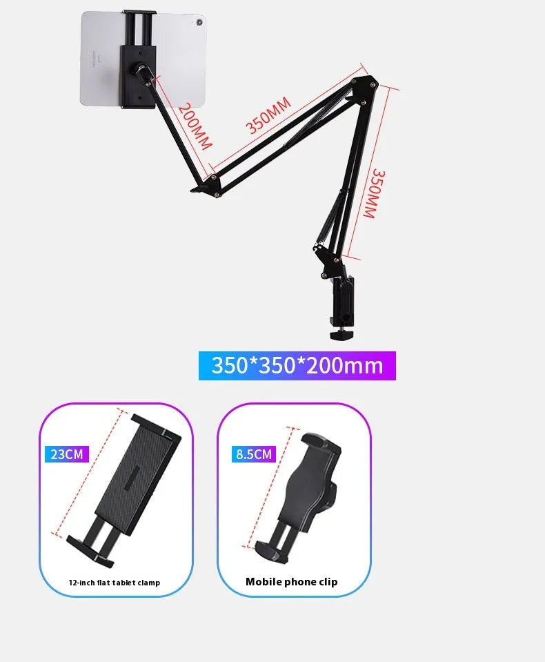 Black foldable metal desktop bracket holding tablet at adjustable angle