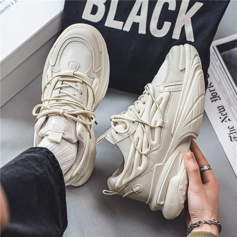 Men's beige mesh and PU leather sneakers with rubber soles and front lace-up closure