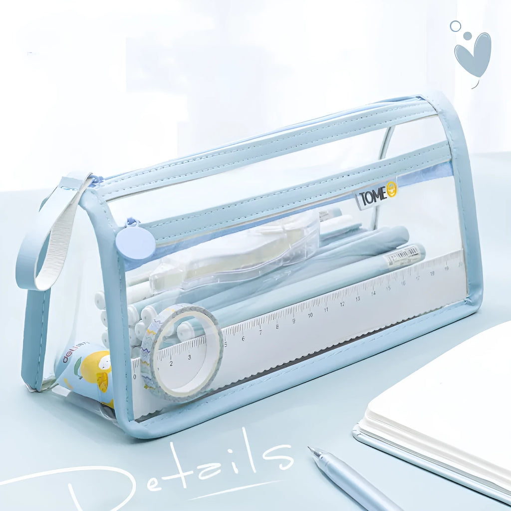 Transparent double-layer pencil case showing two compartments, dimensions 220x110x80mm