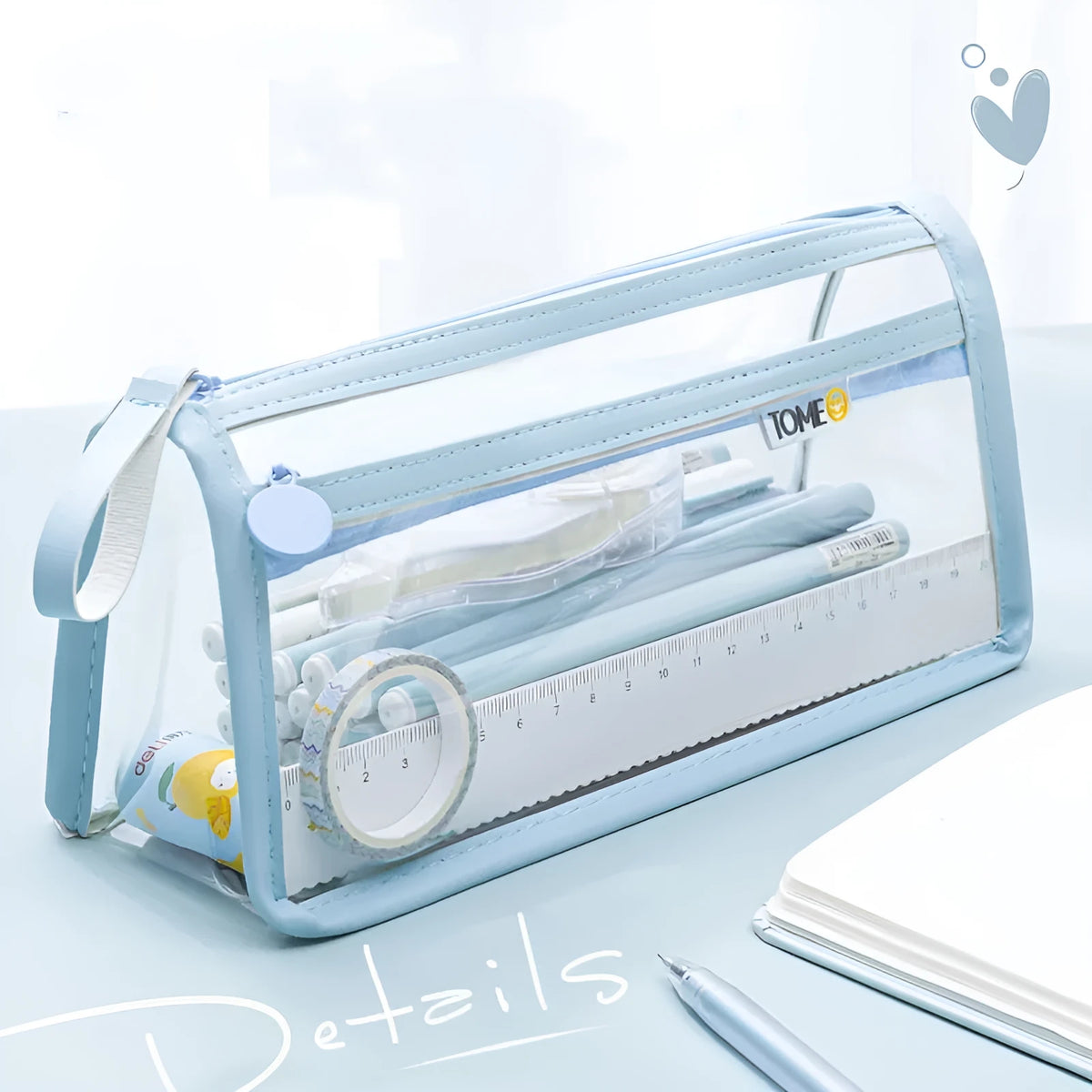 Transparent double-layer pencil case showing two compartments, dimensions 220x110x80mm
